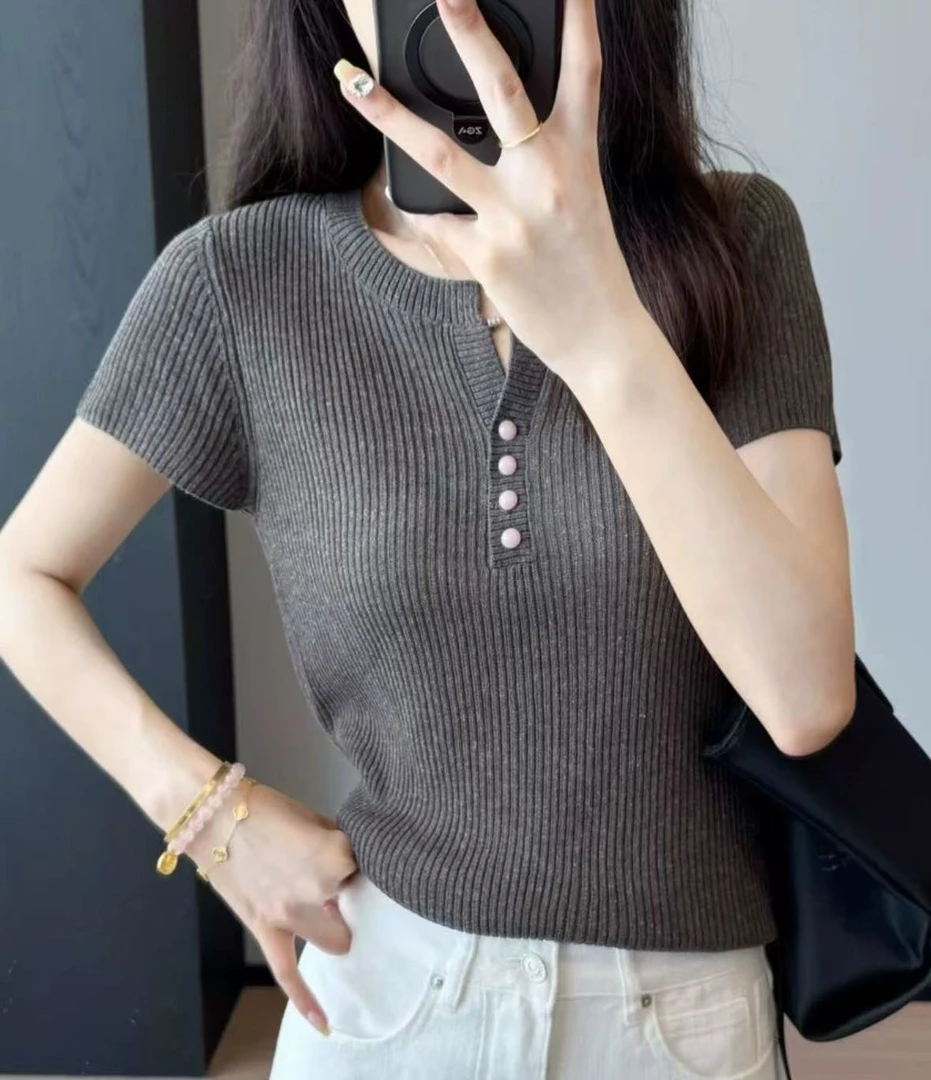 三哈宫-《线织亨利短袖》天丝亚麻混纺修身圆领单排扣短袖女士夏季