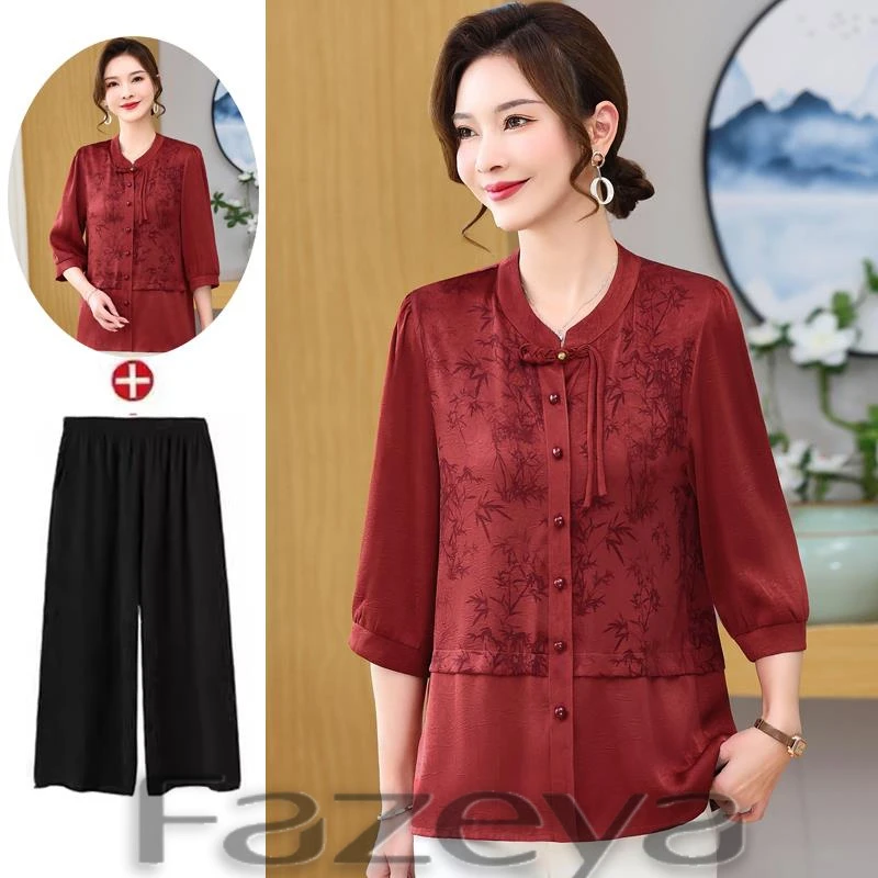 彩羊中老年女仿香云纱半袖衬衫新中式夏季妈妈中袖上衣