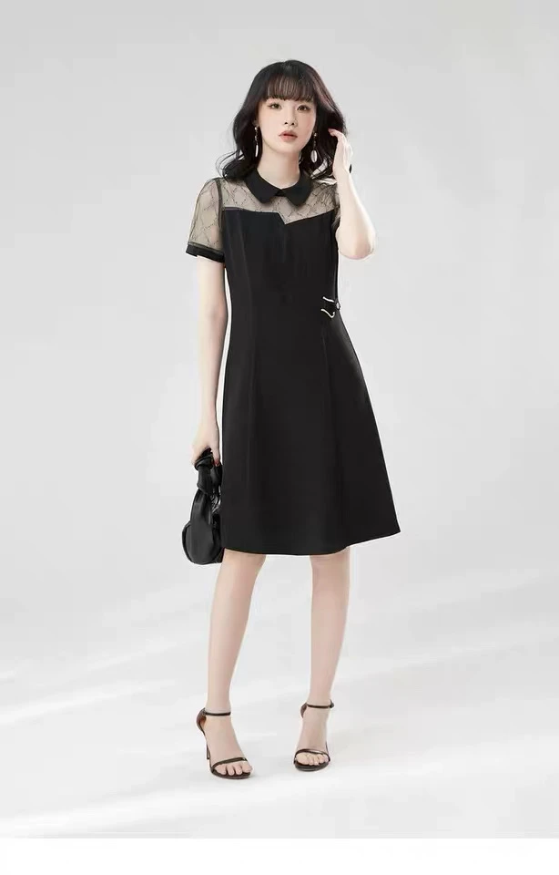 【W031黑色】2025优雅百搭洋气款夏季短袖中长款裙
