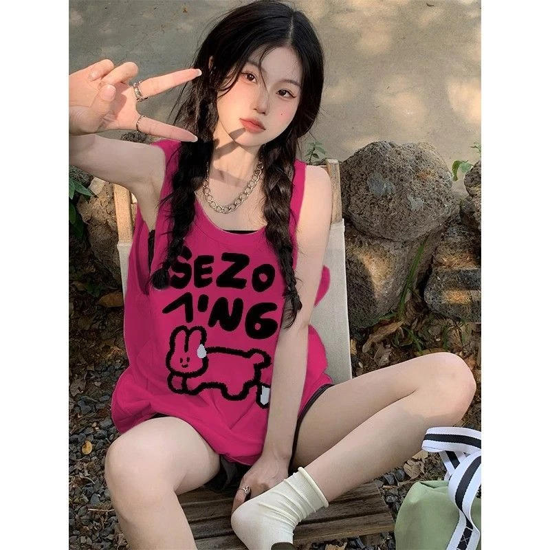 玫红篮球运动吊带背心女夏季无袖T恤多巴胺海边穿搭坎肩印花上衣