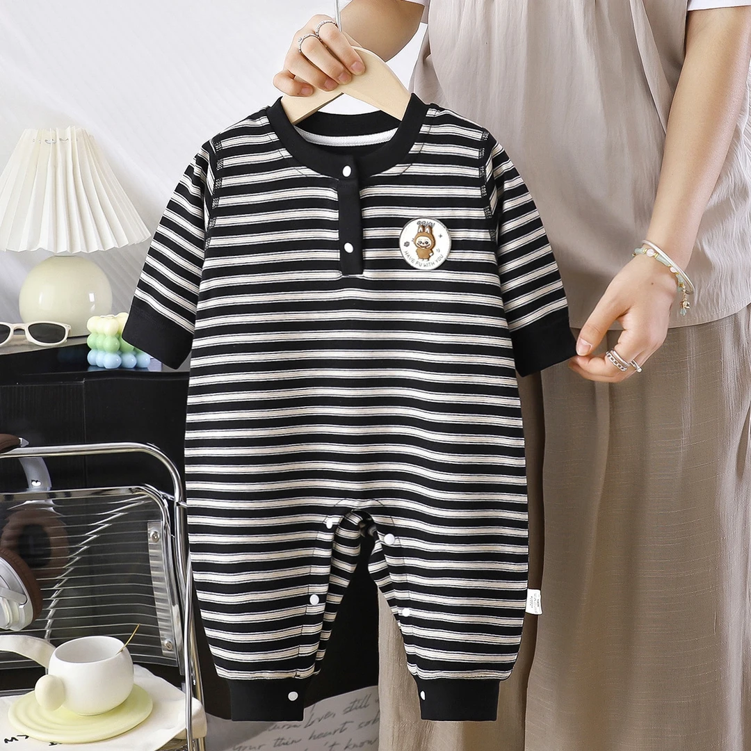 （1羊毛蚕丝）婴幼儿秋冬新款无骨条纹连体衣宝宝哈衣外出家居爬服
