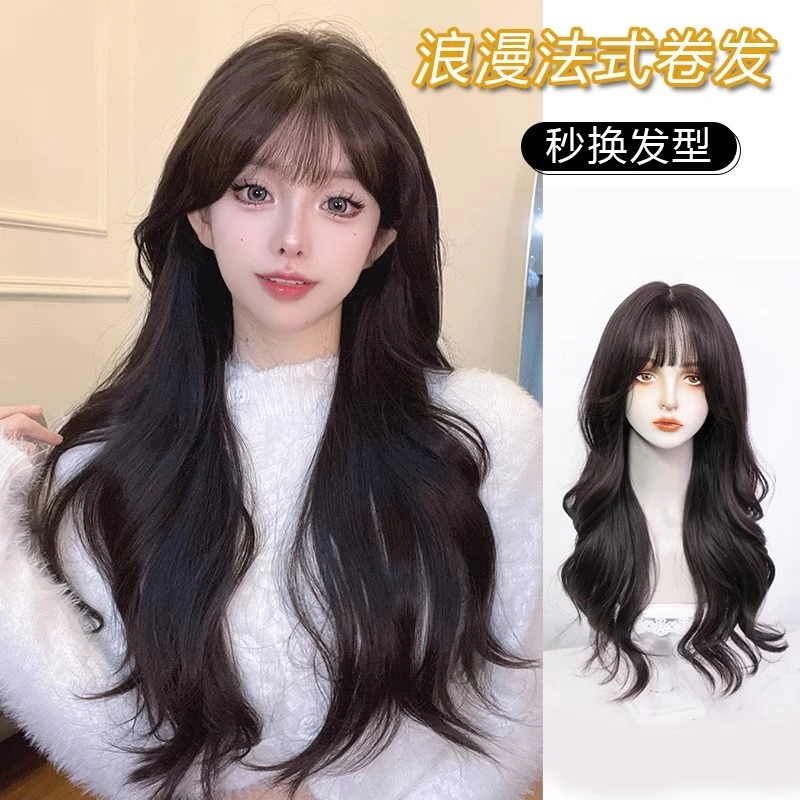 法式刘海大波浪高颅顶长卷发女用全头套假发