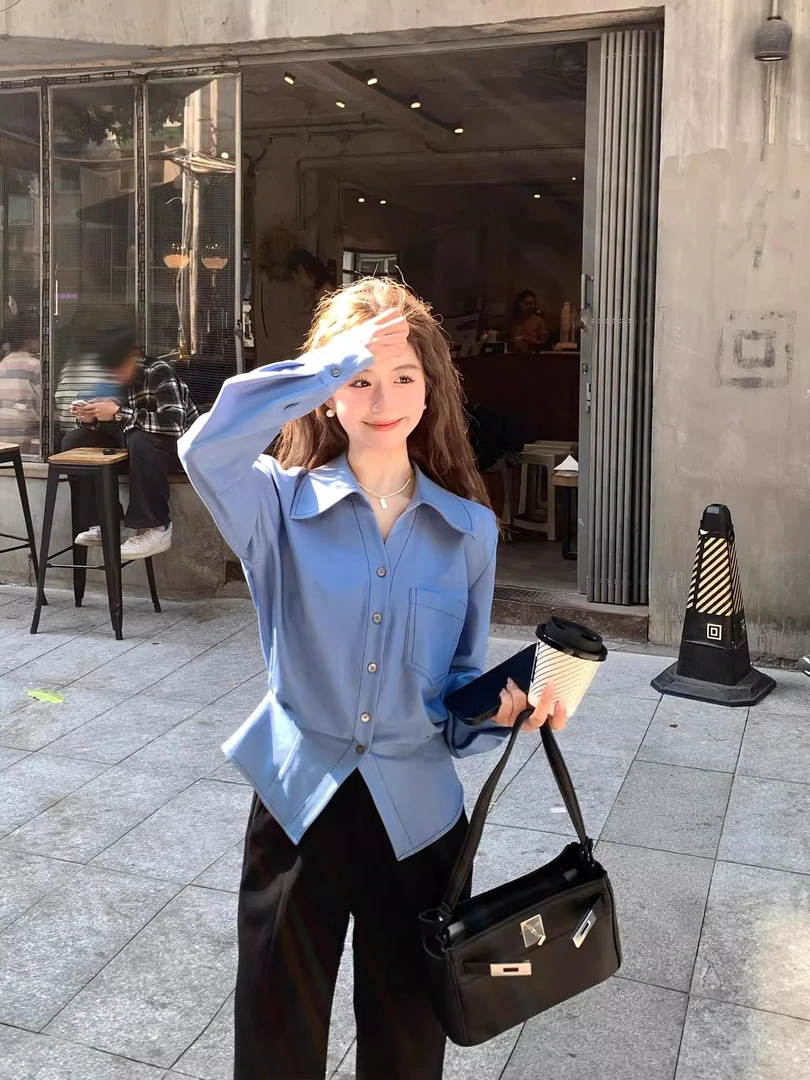 小个子蓝色收腰衬衫女2025新款设计感上衣新款气质独特高级衬衣