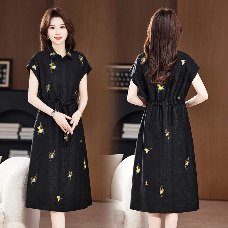 桑蚕丝连衣裙中长款翻领香云纱绣花女裙子2025夏新优雅气质真丝裙