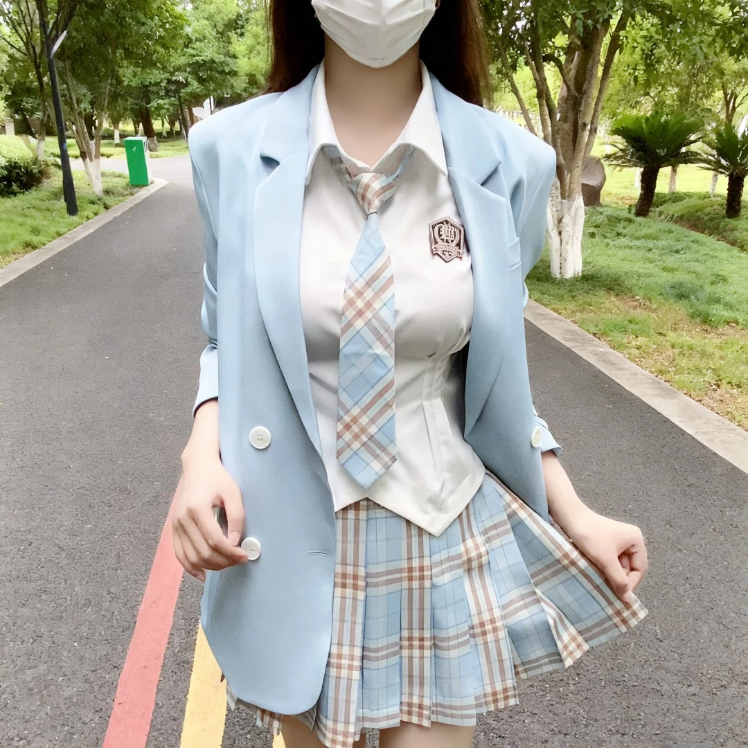 【雾原川西服后背开衩】JK制服格裙套装【衬衫+裙子+西服】送领带徽章