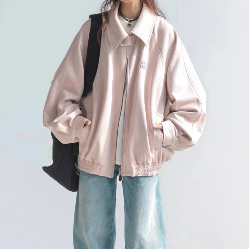 美式复古外套男女春秋韩系chic别致字母刺绣翻领夹克