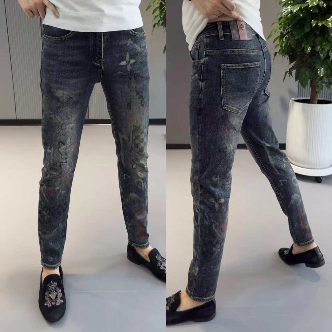 秋季新款男士时尚小脚裤潮流印花休闲长裤牛仔裤秋冬男士爆款裤子