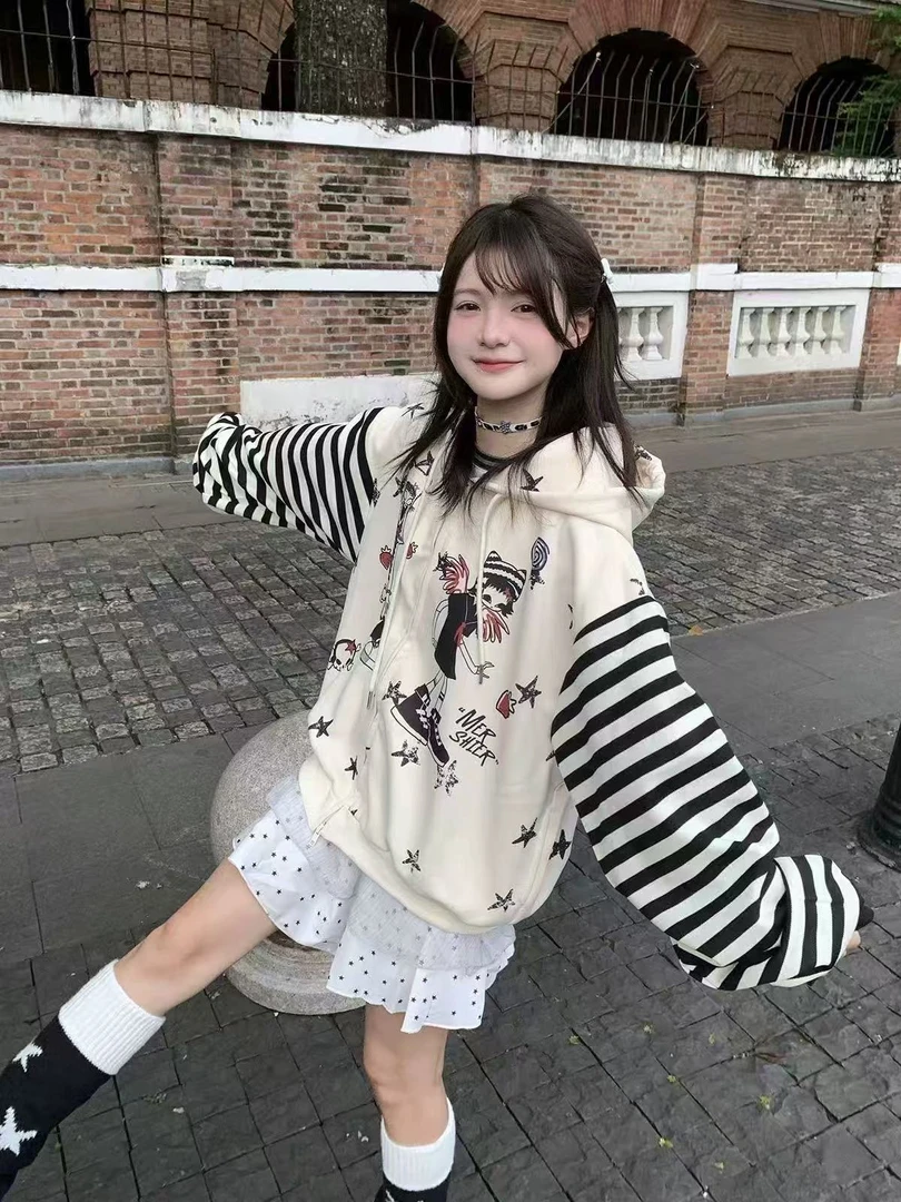 【星纹甜酷】薄款学院风印花女长款套头款卫衣秋季韩版百搭