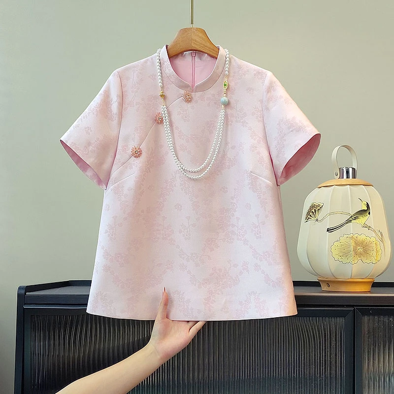 立领常规款薄款短袖上衣气质提花夏季洋气新中式