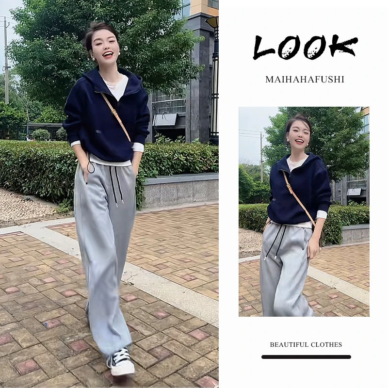 秋季一整套女装2025新款韩版时尚连帽短款卫衣休闲阔腿裤两件套装