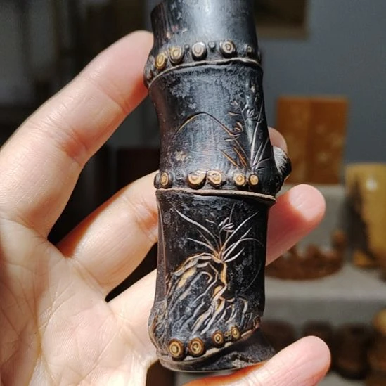 猫***圆竹竹雕兰花竹根手把件