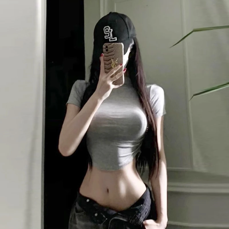 辣妹紧身半高领短袖t恤女夏季2025新款纯欲美式掐腰短款正肩上衣