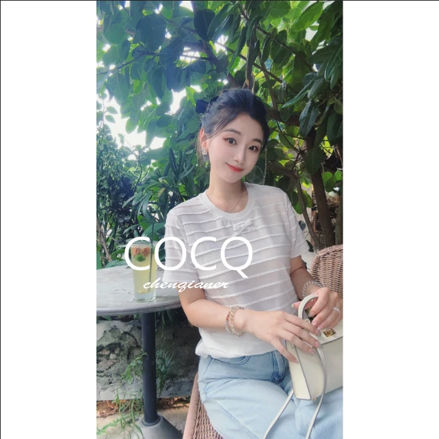 【COCQ】小香风波浪条纹花边珍珠蝴蝶结圆领短袖T恤上衣