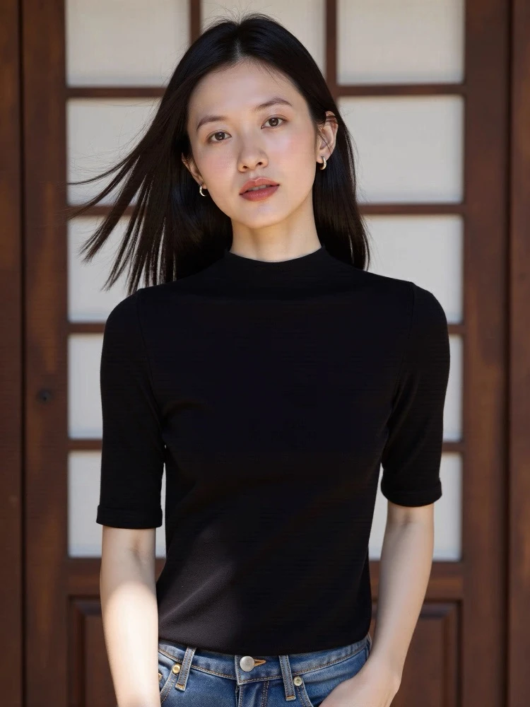 6632 Y24T恤女夏修身正肩短袖冰丝上衣内搭中袖针织