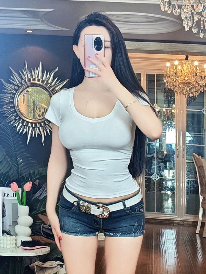 燃燃家纯欲风性感深V领短袖上衣修身显瘦纯色打底收腰沙漏腰T恤女
