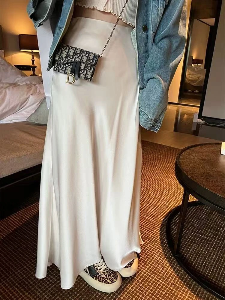 源头厂家春上新 细腻丝滑醋酸高腰垂感半身裙 宽松长款鱼尾拖地裙