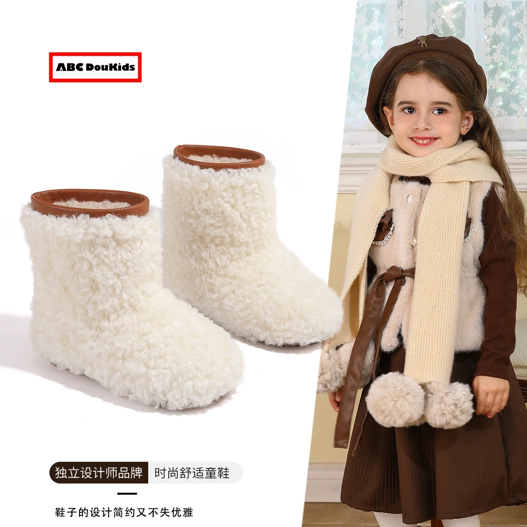 ABC Doukids女童棉靴2025冬加绒休闲毛毛短靴儿童保暖外穿雪地靴