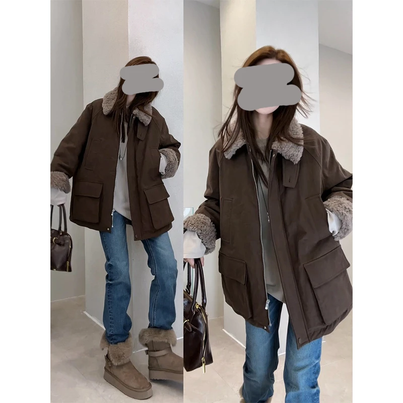 2025年秋冬季新款韩版时尚小众设计极简风女士工装棉服加绒加厚潮