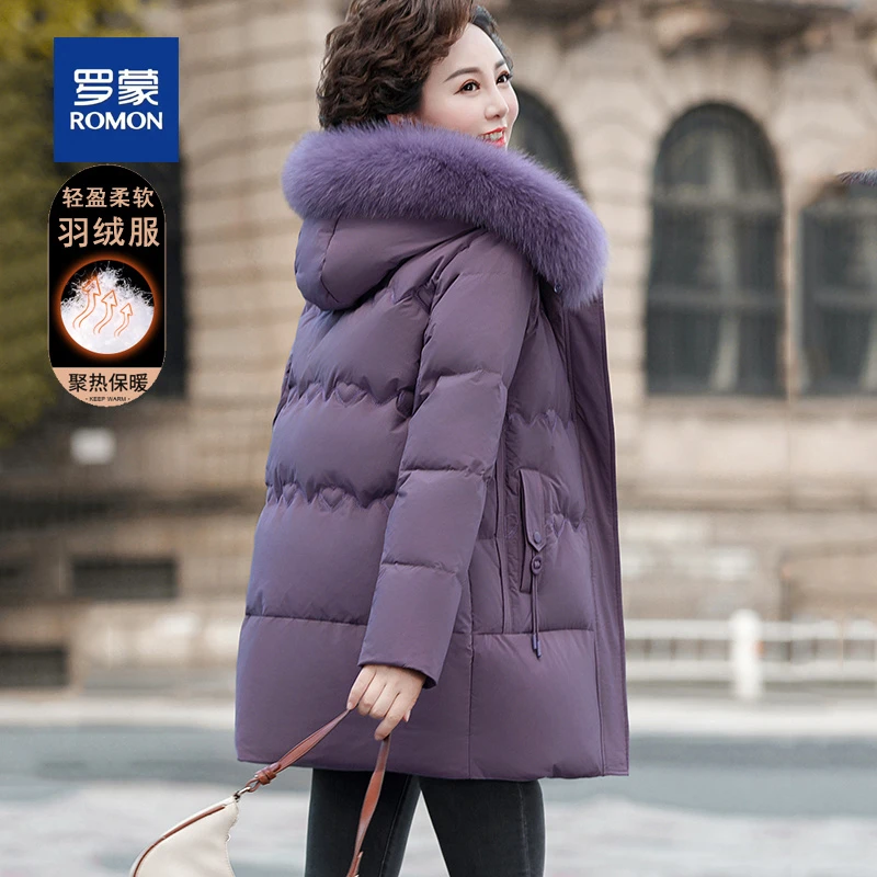 罗蒙气质狐狸毛领中长款妈妈冬装羽绒服女新款时尚保暖中老年外套