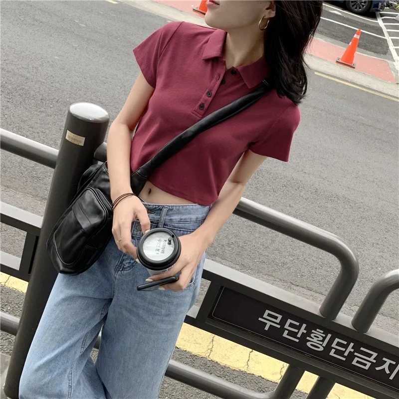 瘦女孩专属 polo领短袖T恤女 高腰短款辣妹上衣小个子polo衫