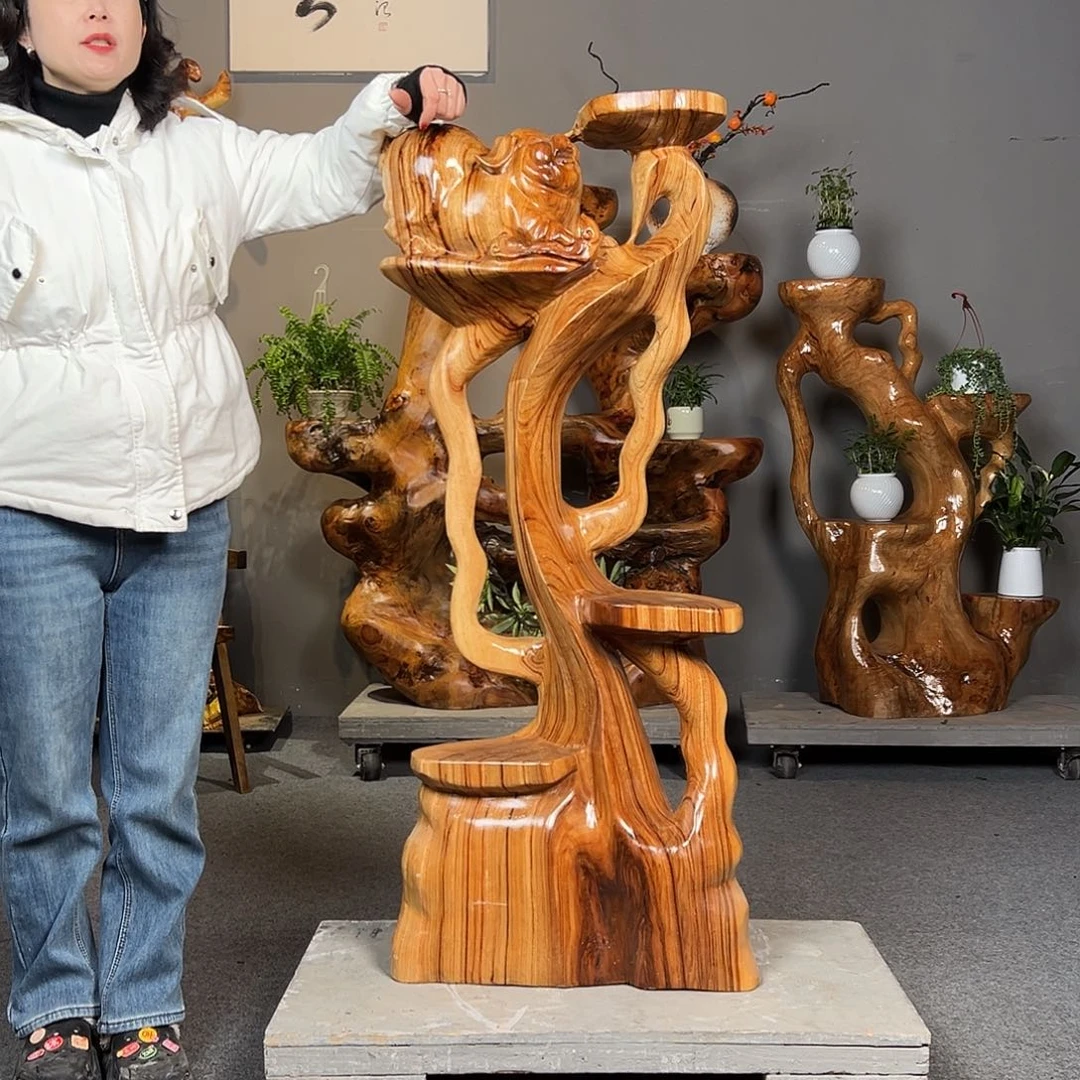 香樟木根雕花架福猪