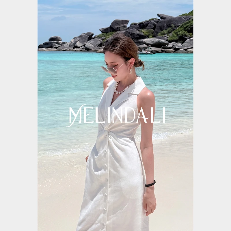 Melinda Li【珍珠号 】梦颖私服人丝亚麻西装领纽结通勤收腰连衣裙