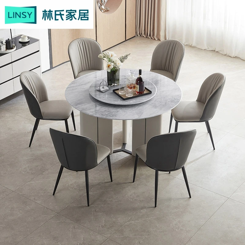 林氏家居简约大理石超晶石餐桌家用带转盘吃饭桌子NV2R ZH