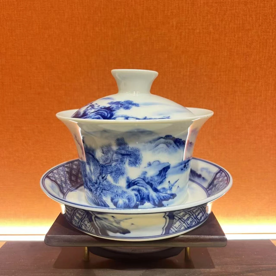 景德镇陶瓷青花山水三才盖碗