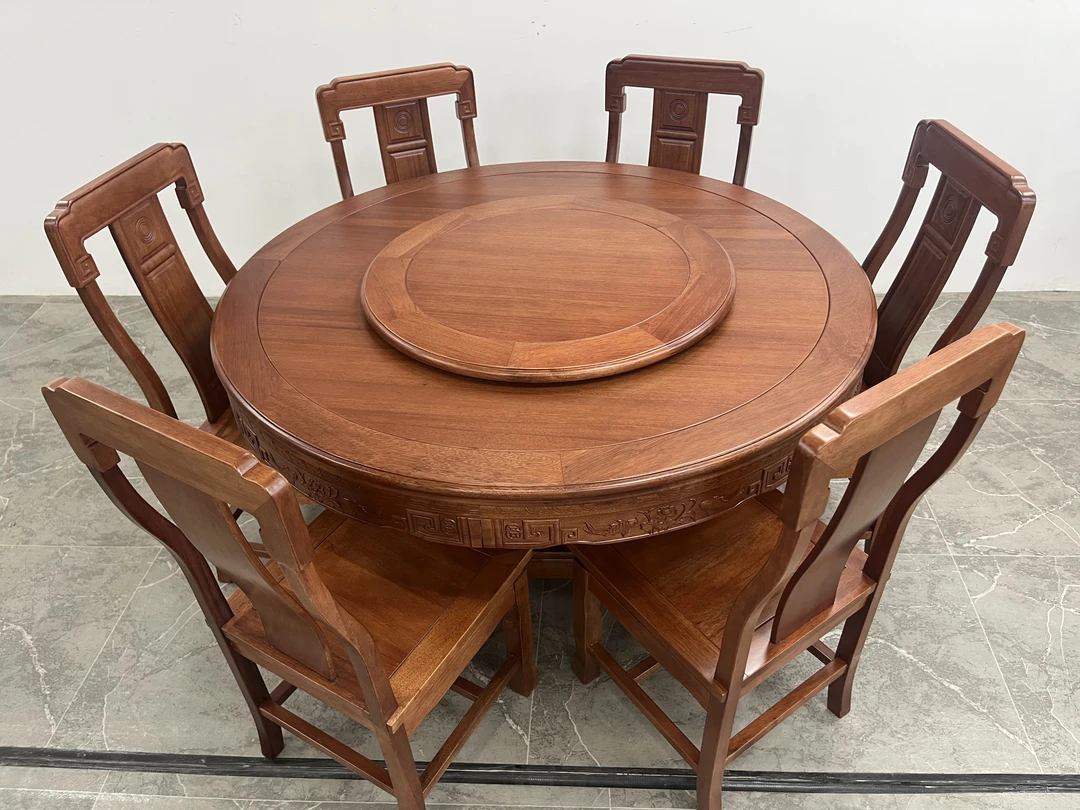 菠萝格木仿古平面雕花实木餐桌圆桌带转盘带雕花榫卯结构餐桌