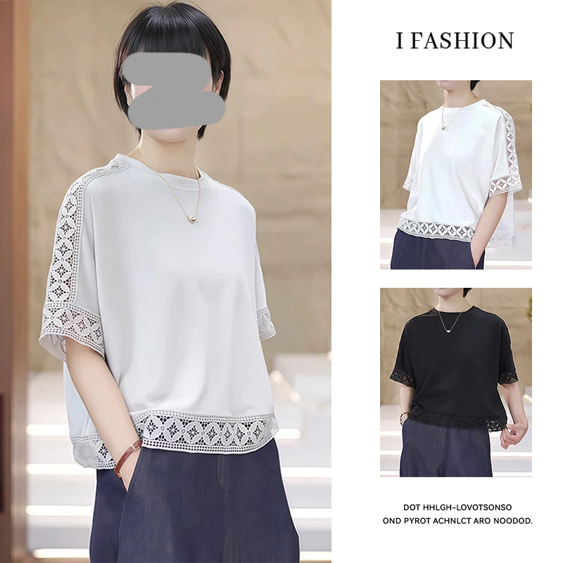 法式纯色镂空设计感圆领短袖衬衫女2025年夏季新款宽松遮肉上衣潮