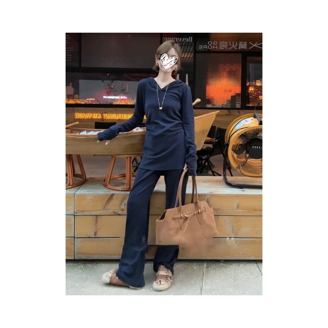 休闲套装女新款秋季连帽长袖上衣直筒裤长裤两件套C03-0082