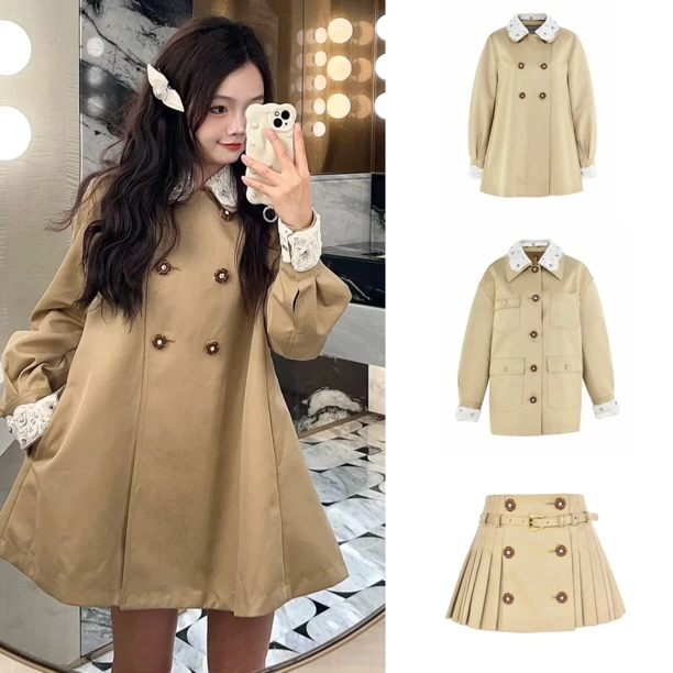 辰辰辰小店卡其色风衣外套娃娃款双排扣
