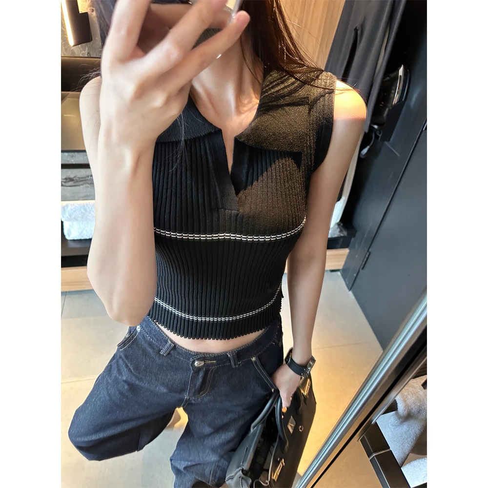 韩版撞色老钱风polo领针织背心女夏气质休闲百搭显瘦无袖短款上衣