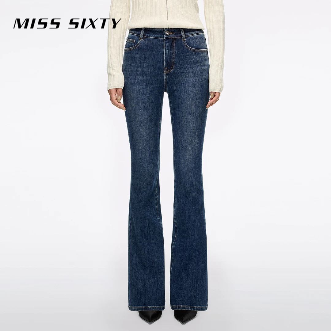 Miss Sixty2025冬季新款牛仔裤女含羊绒修身弹力厚款复古喇叭长裤