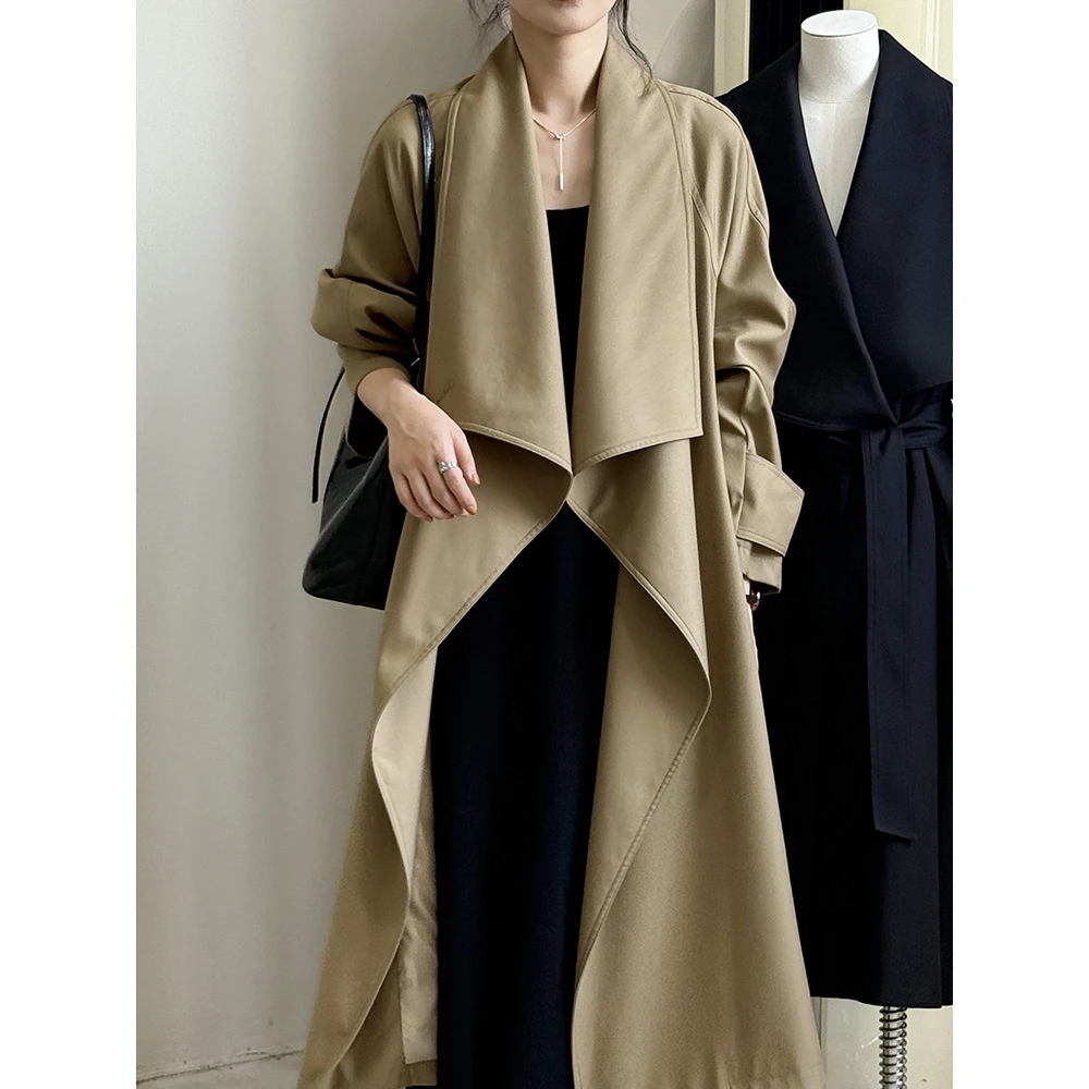 绱品 设计感大翻领长款风衣女 秋季韩系宽松系带显瘦外套82605