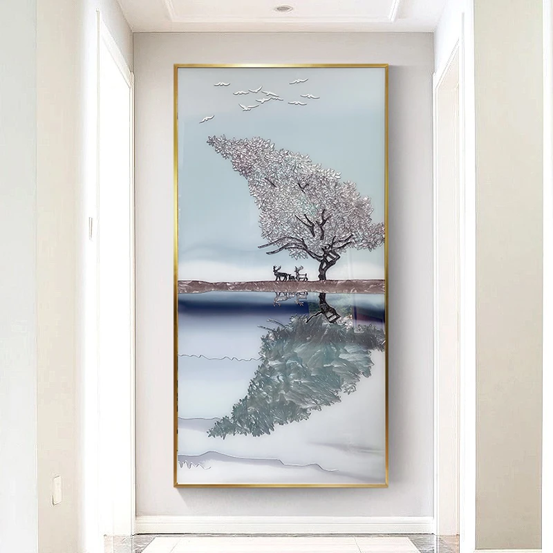 珐琅彩竖版轻奢入户玄关挂画简约走廊过道装饰画手工立体壁画麋鹿