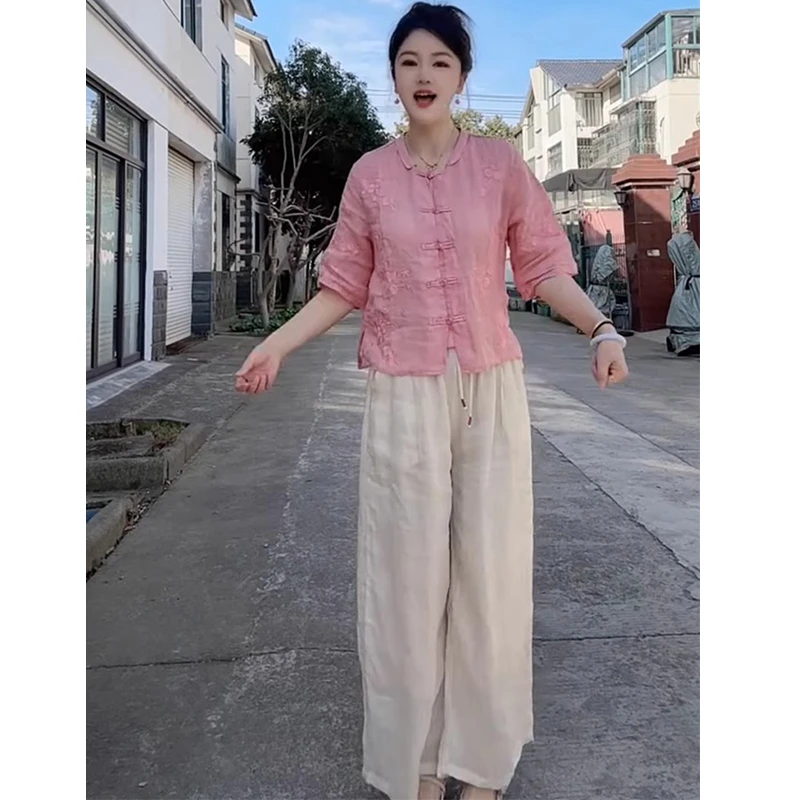 欧洲站2025夏季新款新中式国风盘扣衬衫女高腰纯色休闲裤苎麻套装