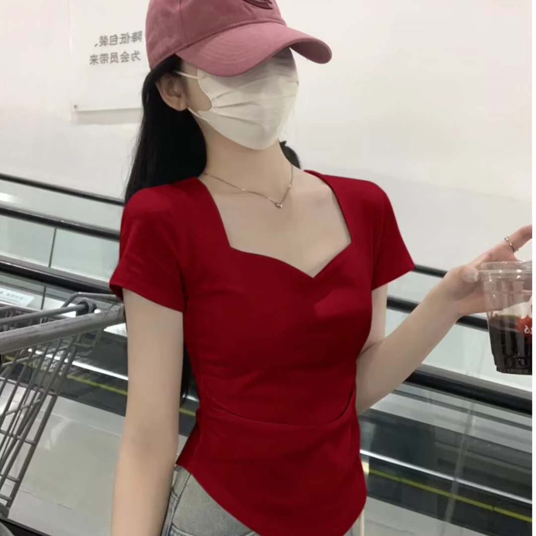 方领打底衫短款甜辣短袖小众不规则洋气网红褶皱修身螺纹T恤女潮