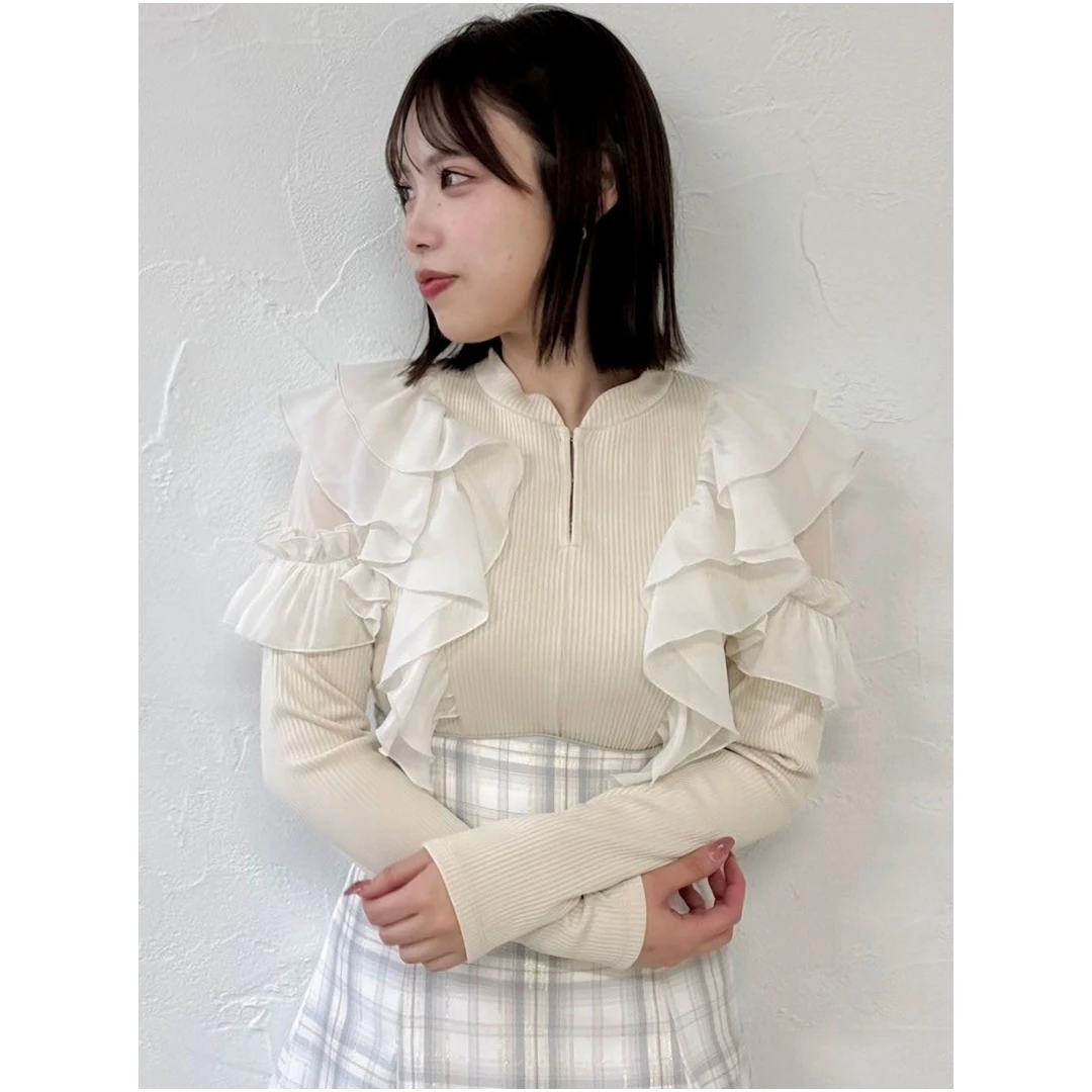 【表姐家】春季新款 D 百搭荷叶边修身上衣气质甜美长袖针织衫