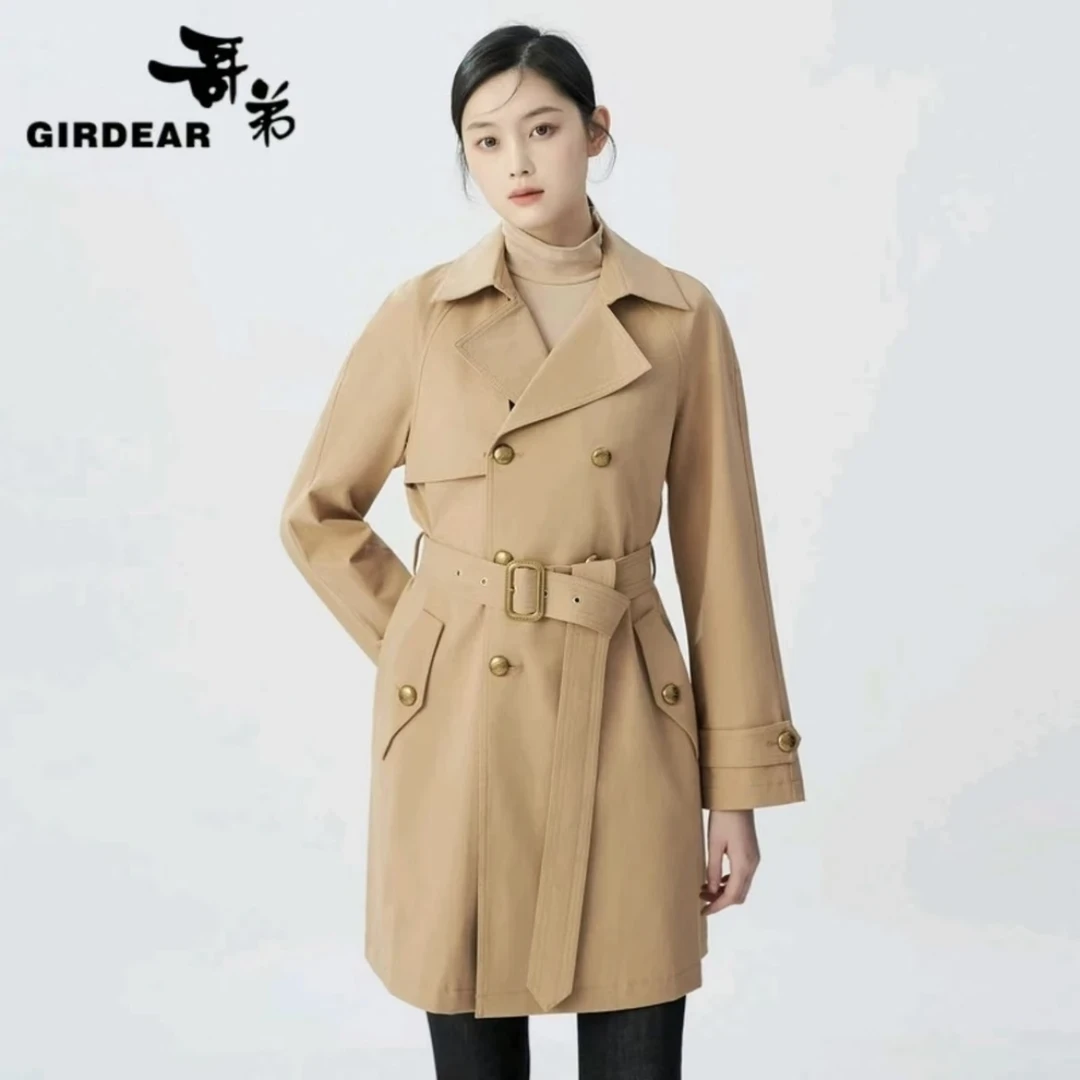 GIRDEAR/哥弟法式通勤中长款双排扣腰带气质通勤风衣外套1400666