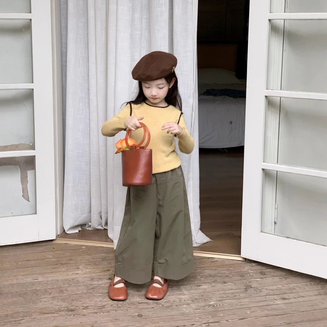 小思家韩版女童2025秋季新款洋气简约百搭休闲毛衣T恤阔腿裤套装