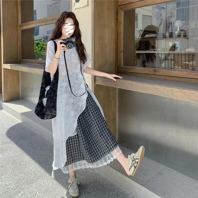 蕾丝上衣格子半身裙两件套设计感慵懒风松弛感穿搭贵气感御姐夏季