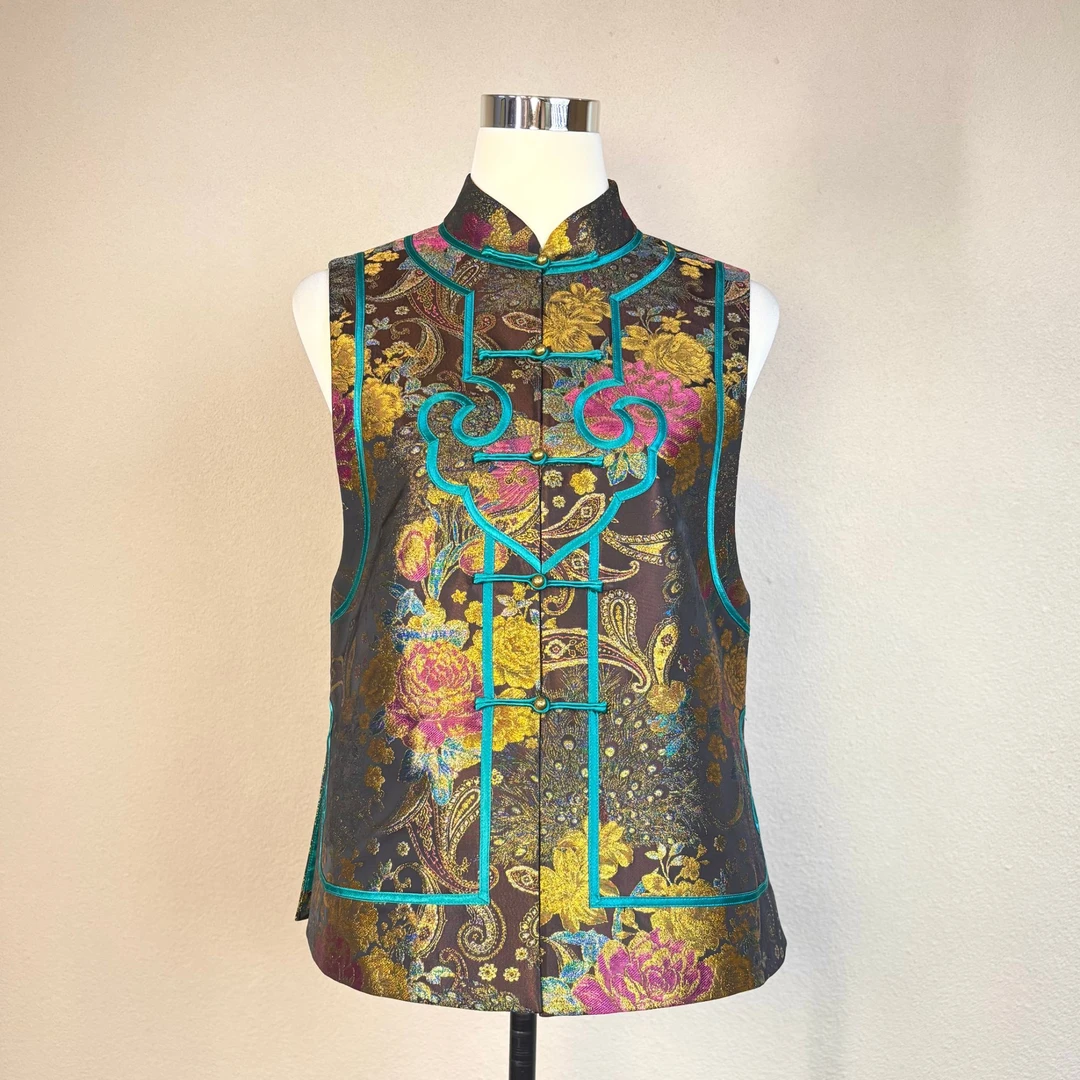 【墨恒】桑蚕丝织金重工如意立领国风黑金色女士无袖马夹251208