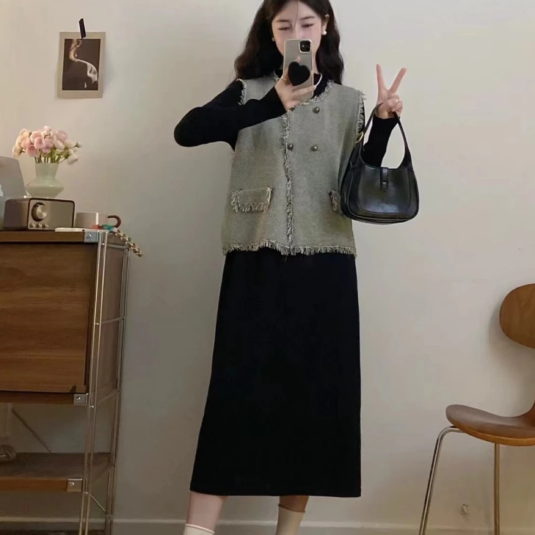 法式小香风马甲连衣裙两件套2025秋季新款大码胖MM高级感时髦套装