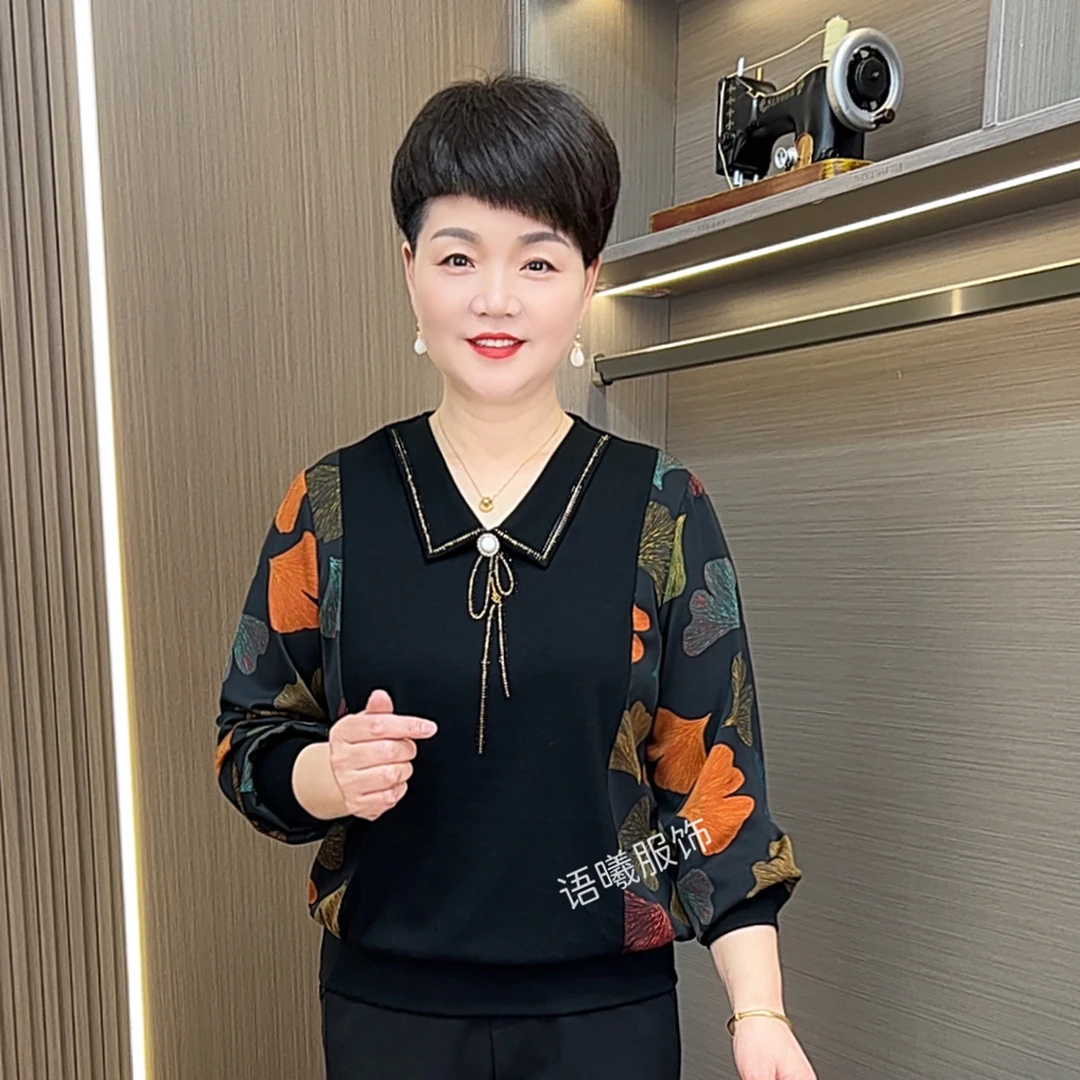 妈妈秋装2025新款阔太太长袖T恤中老年女装洋气翻领上衣F8908