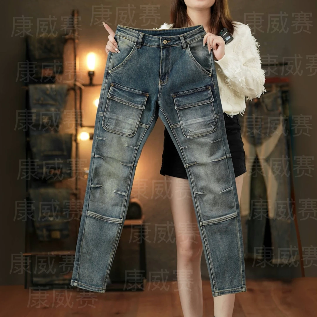 原创高端复古机车多口袋美式男士牛仔裤修身小直筒弹力潮牌时尚