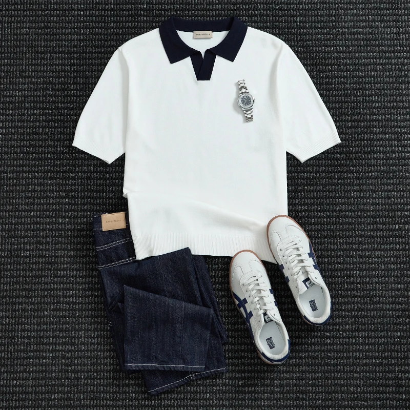 夏季冰丝透气通勤撞色拼接商务针织衫POLO休闲百搭上衣短袖T恤男