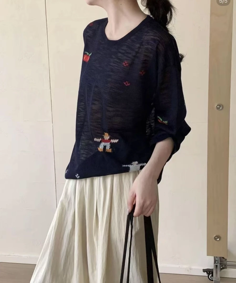 春季薄款绣花印花上衣长袖毛针织衫夏季复古秋季3042