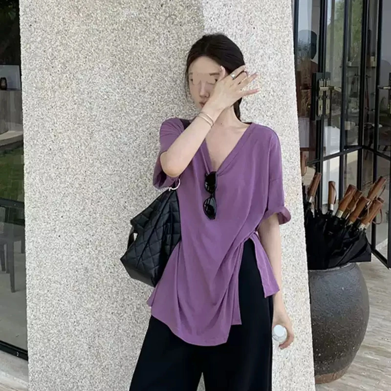 紫色大领口短袖t恤女2025年夏季韩版宽松休闲大码开叉中长款上衣