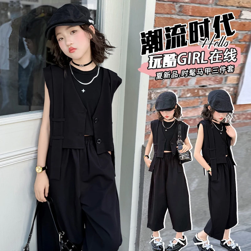 纯色夏季印花少女风女薄款套装显瘦黑色西装气质女童潮流阔腿连体